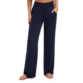 Urban CoCo Womens High Waist Flowy Palazzo Pants Elastic Waist Wide Leg Stretchy Straight Leg Dressy Casual Lounge Trousers (Navy Blue, S)