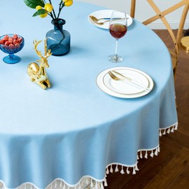 Round Solid Color Tablecloth with Tassels Wrinkle Free Heavy Duty Washable Decorative Table Cover for Dining, Kitchen, Party, Buffet, Wedding, Banquet, Holiday (70 inch, Light Blue)