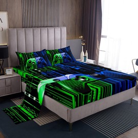 Gamepad Kids Sheet Full Size,Modern Videogame Gaming Controller Bedding Set,Boys Girls Room Decor,Geometric Honeycomb Hexagon Blue Green Fashion Bed Sheet Set 4pcs(Fitted + Flat + 2 Pillowcases)