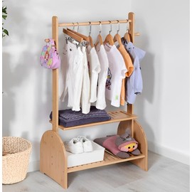 BAMBOOHOMIE Kids Clothing Rack With Adjustable Rods, Children Clothes Garment Rack for Baby Pet, Dress Up Rack With 2 Bottom Shelves, Wardrobe Closet for Toddlers Nursery