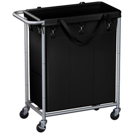 SOBECHOI Laundry Basket with Wheels, 3-Section Rolling Laundry Hamper, 52.8 Gallons (200L), Removable Liner and Steel Frame - Steel Frame with Handle - Ink Black, 31.4 x 15.5 x 32.6 Inches