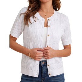 GRACE KARIN Summer Cardigan for Women Light Weight Open Front Cable Knit Crewneck Short Sleeve Cardigan White M