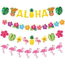 4 Pieces Hawaiian Garland Banner Aloha Party Banner Aloha Garland Paper Hawaiian Party Decoration Aloha Tiki Summer Party Tropical Luau Party Decoration for Summer Birthday Holiday Beach Theme Party