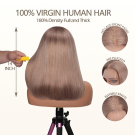 Ash Blonde Bob Wig Human Hair Glueless 13x4 Lace Front Wigs Human Hair Pre Plucked Silky Straight Ash Blonde Short Bob Wigs for Women 14 Inch 180% Density HD Lace Frontal Wear and Go Wig Free Part