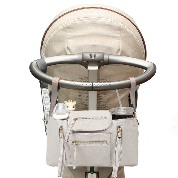 Motheric Grey Vegan Leather Baby Buggy Universal Pram Caddy Organiser - Stroller Pushchair Organizer with Cup Holder accessories - Shoulder Bag