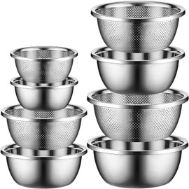Uiifan 8 Pcs Stainless Steel Mixing Bowl with Stainless Steel Colander Rice Washing Bowl Colander Bowl Set Nesting Bowls with Colander for Washing Draining Storage (1.8/3.9/4.9/6.6 QT)