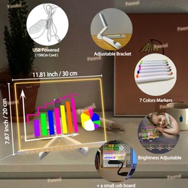 Fanrui Glowing LED Kids Drawing Board with Colors & Night Light – 11.8"x7.9" Acrylic Desktop Dry Erase Memo Whiteboard, USB Powered, Dimmable, to Do List, Planning for Home/Kitchen/Office/School
