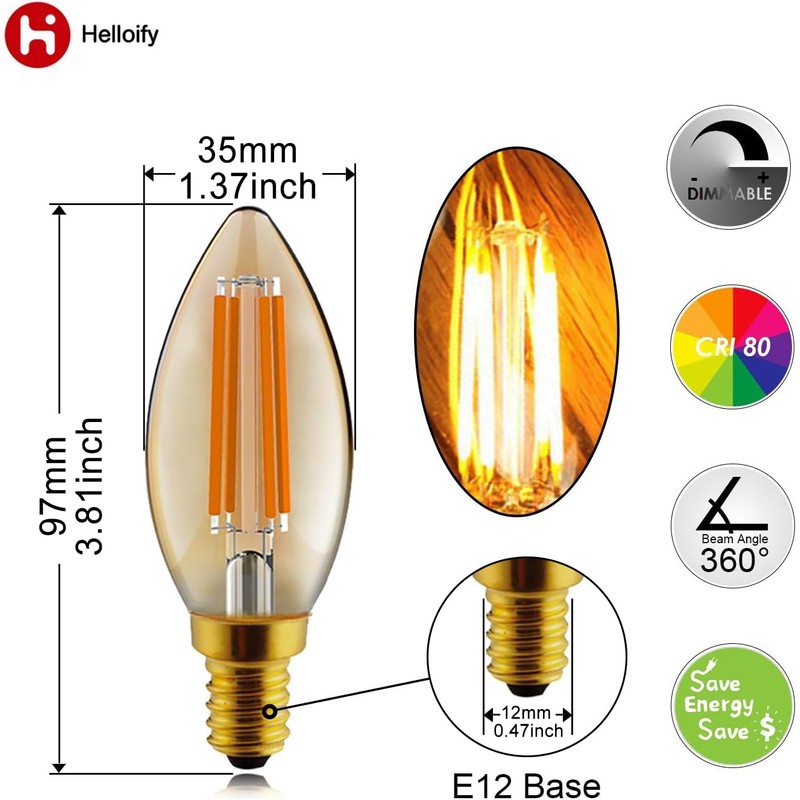 helloify B11 Dimmable Vintage LED Edison Candelabra Bulb, 60W Equivalent,