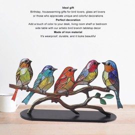 Stained Glass Birds On Branch Desktop Ornaments, Iron Double Painted Bird Colorful Stained Glass Birds Figurine, Beautiful Birds Ornament Tablet for Indoor Home Office Decorations (5 Birds)