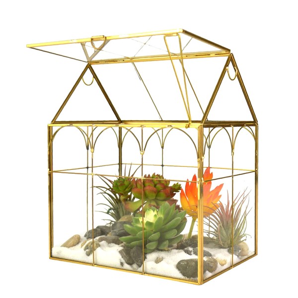 Large Tall Plant Terrarium Glass – Glass Greenhouse Terrarium with Lid,Indoor Tabletop Orchid Succulent Cacti Terrarium Kit NA (Gold A)