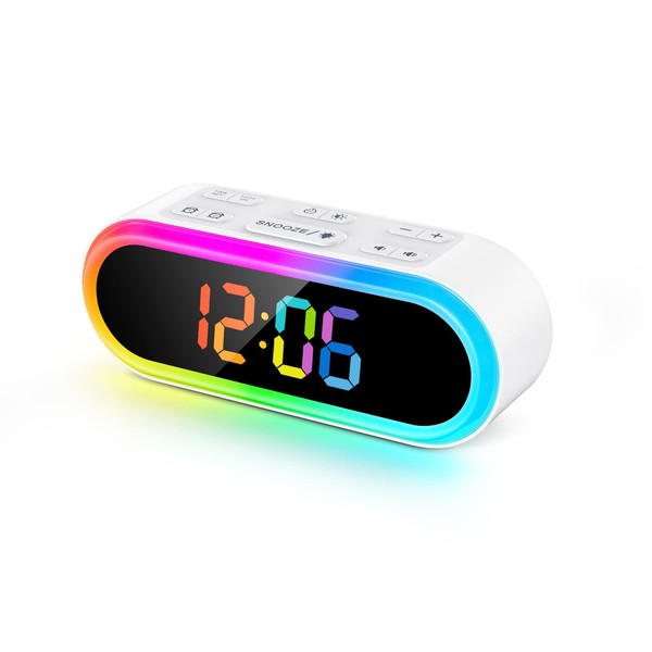 REACHER Digital Alarm Clock Bedside, Dual Alarms, 7 Wake Up Soothing Sounds, Rainbow Night Light, Dimmable, Snooze, Mains Powered, Auto-Off Timer, Small LED Alarm Clock for Kids, Heavy Sleepers