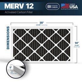 BNX TruFilter 14x25x1 MERV 12 Odor Defense (4-Pack) AC Furnace Air Filter with Activated Carbon - MADE IN USA - Pleated Air Conditioner HVAC AC Furnace Filters - Removes Odor, Mold, Bacteria, Smoke
