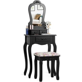 LDAILY Vanity Table Set with Cushioned Stool, Makeup Table with Clear Mirror & 3 Storage Drawers, Multipurpose Writing Desk, Bedroom Bathroom Small Space Dressing Table and Bench for Girl (Black)