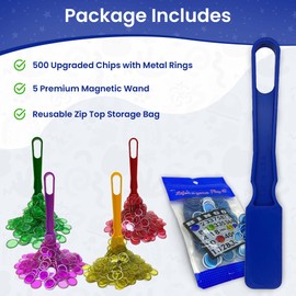 MR CHIPS Made in USA, 5 Bingo Magnetic Wands & ¾ Inch Plastic Chip Set with Metal Rings – 500 Upgraded Pieces Bingo Chips Magnetic – Blue, Red, Green, Purple & Yellow