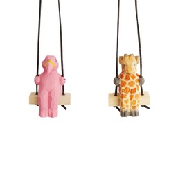 UNIORNA 2PCS Handcarved Cute Wooden Animal-Shaped Cute Cool Car Decoration Rearview Mirror Hanging Accessories Swing Decoration for Car Mirror Office Home Gifts for Women Men (Giraffe,Flamingo)