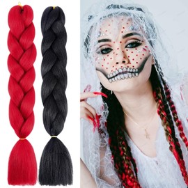 Jumbo Ombre Braiding Hair Extensions Pre-stretched Synthetic Fiber for Twist Braiding Hair Makeup Crochet Bubble Braids (2, Red Black)