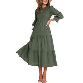 CzzzyL Women Nursing Flounces Long Sleeve Breastfeeding Dress Fall A-Line Flowy Smocked Postpartum Cocktail Pregnancy with Pockets Green,Large