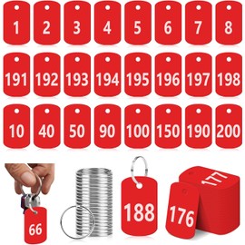 200 etiquetas de números con anillos de plástico, 1 a 200 etiquetas de identificación con números rojas, impermeables, llaveros con números, etiquetas rectangulares para equipaje con números para