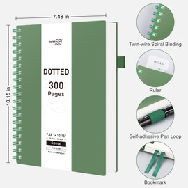 RETTACY Bullet Dotted Journal Notebook, 300 Pages, B5 Medium Size (7.4'' × 10''), 100 GSM Thick Paper, Flexible Plastic Cover, Spiral-bound, for Bullet Journaling, Planning, Tracking (Dark Green)