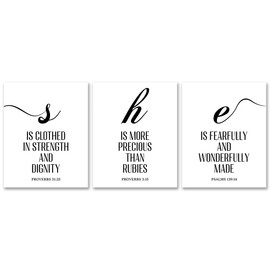"Christian Wall Art Prints - 'She' Bible Verse Set" - Inspirational Scripture Quotes for Women - Set of 3 - Proverbs 31:25, Proverbs 3:15, Psalms 319:14 - UNFRAMED" (White, 8 x 10 Inches)