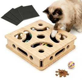 EIODEAR Cat Nail File Scratcher with 5 Sandpaper Pads, 4 Bell Balls, 8 Screw, Solid Wood Cat Scratch Puzzle Enrichment Box Nail Filer Box Toy to File Nails, Cat Treat Box for Treat-Motivated Cats