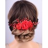 Lenjicons Wedding Satin Large Red Rose Flower Hair Clips Rhinestone Beads Bridal Headpiece Elegant Flower Headband Handmade Rhinestone Wedding Hair Accessories for Women (red)