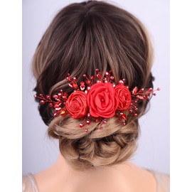 Lenjicons Wedding Satin Large Red Rose Flower Hair Clips Rhinestone Beads Bridal Headpiece Elegant Flower Headband Handmade Rhinestone Wedding Hair Accessories for Women (red)