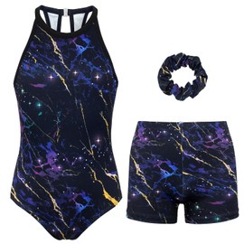 MODAFANS Gymnastics Leotards for Girls With Shorts Tumbling Dance Clasp Back Activewear Black Marble,10-11Years