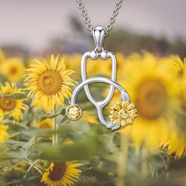 PROESS Stethoscope Necklace with Sunflower November Birthstone Necklace for Women-925 Sterling Silver Medical Doctor Nurse Student Graduation Pendant Jewelry Gift for Nurse Women