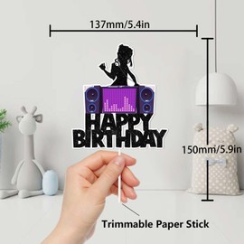 Decoración para tartas de feliz cumpleaños con sonido de purpurina negro para DJ, niña, decoración de fiesta de cumpleaños para mujeres y niñas