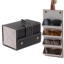 Sitengle Sunglasses Case, Holds 4 Pieces, PU Leather, Large Capacity, Foldable, Glasses Storage Case, Wall Mounted, Sunglass Case, Glasses Holder, Glasses Stand, Stylish, Portable, Glasses Holder, Eyeglasses Accessories, Carrying, Accessories Case, Black
