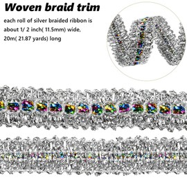 CABODYALS 20M 1/2 Inch Metallic Braid Lace Trim Silver Sequin Colorful Woven Braided Ribbon Glitter Fabric Upholstery Gimp Trimming for Jewelry Making Sewing Curtain Slipcover Craft Home Decor Supply