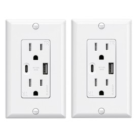 ELEGRP USB Wall Outlets, 15 Amp USB C Wall Outlets Receptacles, Outlets with USB A and USB C Ports, Tamper Resistant Receptacle, Wall Plate Included, UL Listed, 2 Pack, White