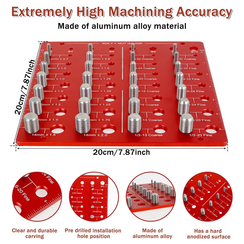 Nut and Bolt Thread Checker, 36 Thread Sizes Checker, Aluminum