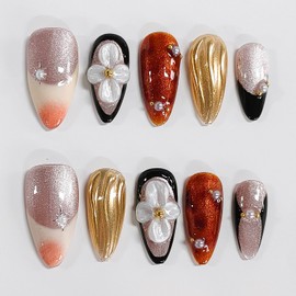 Handmade Press on Nails Almond Medium 3D Floral French Tip Thick Acrylic Fake Nails Fall False Nails with Flower Pearls Gold Curve Line Designs Brown Sturdy Nail Art Press on Nails 10Pcs(S)