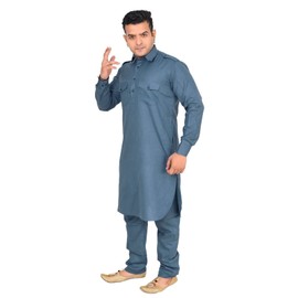 Desi Sarees Men's Punjabi Style Shirt Collar Soft Cotton Kurta Pajama Set 1899 (Slate Blue, 44)