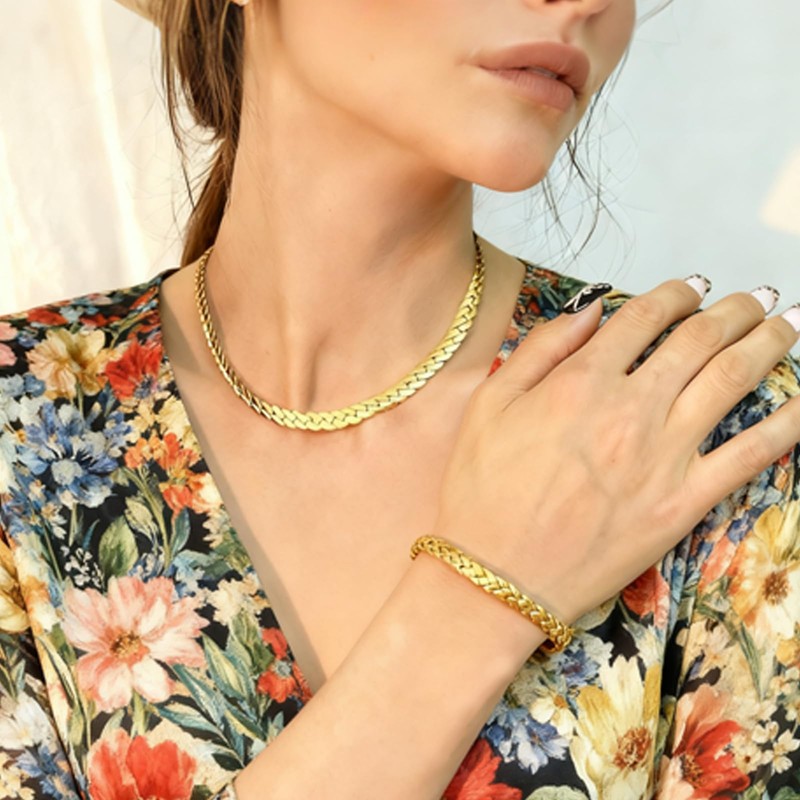 VceTd Chunky Gold Wheat Chain Stainless Steel Necklace and Bracelet