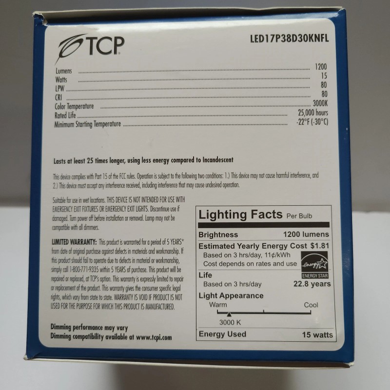 TCP LED, 15W, 120W Replacement, Dimmable 3000K 25° Narrow Flood