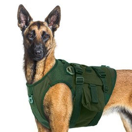 DORA BRIDAL Tactical Dog Harness, Service Dog Molle Vest with Handle, Military Dog Harness with Hook & Loop Panels, Heavy Duty No Pull Adjustable Dog Vest for Training, Walking, Hiking, Green M