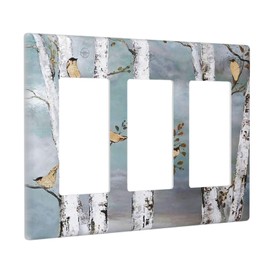 Teal Gold Birch Tree White Bird GFCI Triple Rocker Light Switch Cover Landscape Forest Decorative Wall Plate 3 Gang Electrical Switchplate Faceplate for Home Room Decor
