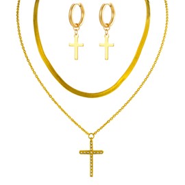 LOVOMEY18K Gold-Plated Christian Cross Necklace for women men cubic zircon Faith Pendant Necklace cross earrings Figaro Chain herringbone chain Religious Jewelry for Daily Wear Gift for Anniversaries Birthdays