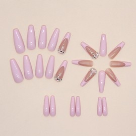 Pink Press on Nails Medium Length Fake Nails with Rhinestones Designs Stick on Nails French Tip Acrylic Nails Nude Glossy Full Cover Glue on Nails Coffin Artificial False Nails for Women Girl 24Pcs