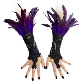 CAMDOM Steampunk Feather Cuff Gloves Vintage Lace Fingerless Bracelet, Style002 Purple