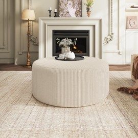 Christopher Knight Home GAVI 30" Ottoman Foot Stool, Corduroy Pouf Footstool Ottoman Seat, Upholstered Foot Chair, Round Footrest, Modern Side Table for Living Room Bedroom Home Decor, Beige