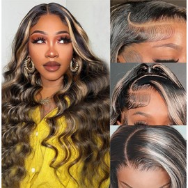 Unipearl Wavy Real Hair Wig, 13 x 4 Lace Front Wigs, 40 cm (16 Inches), Body Wave Glueless Wigs, Human Hair #1B/27, Ombre Colour, 100% Brazilian Real Hair Wigs for Women, 150% Density