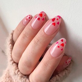 Press on Nails Oval Short Length 24Pcs Glossy Full Cover Artificial Valentine's day Fake Nails with Red Heart Designs Acrylic Nude Short False Nails with Glue Stick on Fingernails for Women Girls