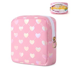 Likesing Period Bag Pouch, Leather Sanitary Napkin Storage Bag for Girls Womens, Portable Sanitary Napkin Period Pad Pouch Bag for Purse, Small Make Up Bags(Pink Love)