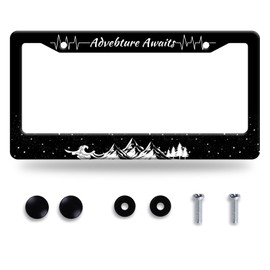 Advebture Awaits License Plate Frame Mountain Waves Forest License Plate Stainless Steel Rust-Proof Metal Funny License Plate Holder Car Accessory With Screws Car Decoration 12.3" x 6.3" For Men Women