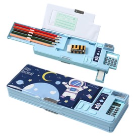 PORUPAEL Pop Up Multifunction Pencil Case, Compartment Pencil Case Cute Cartoon Pen Box Organizer Stationery with Calculators, Sharpener, Schedule, School Supplies (Blue)