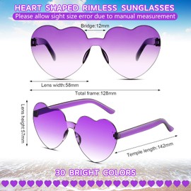 Flutesan 30 Pairs Heart Shaped Sunglasses Bulk Rimless Heart Sunglasses Candy Color Eyewear for Women Men Bachelorette Party(Purple)